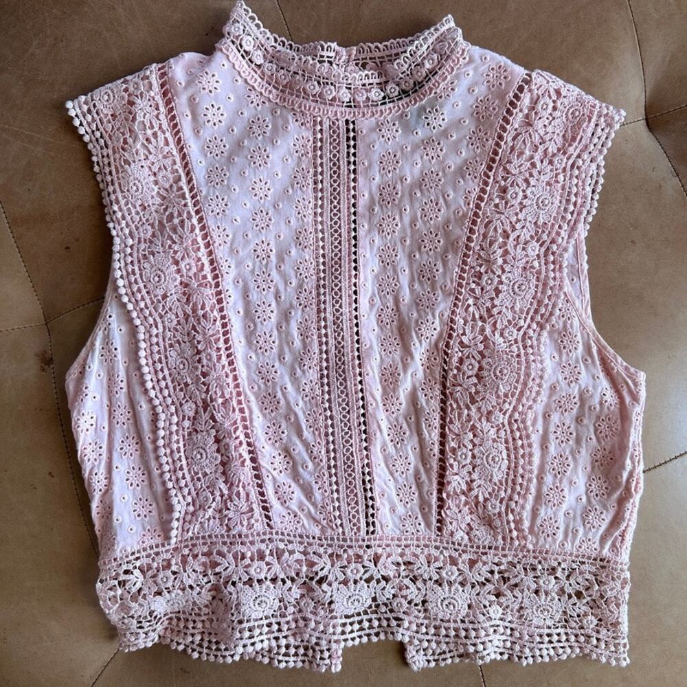Eyelet Lace Crochet Prairie Top Coquette Fairy Romantic Soft Girl Pink Women M
